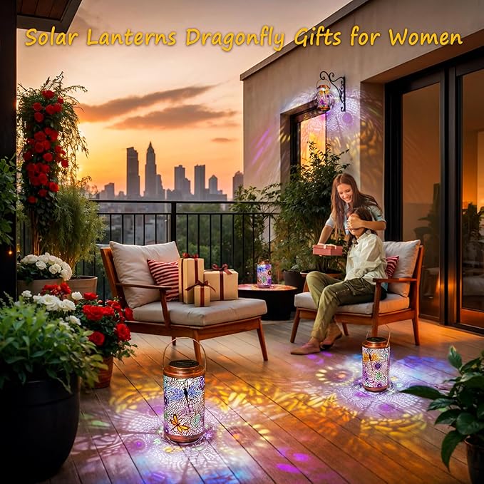 Solar dragonfly lanterns with multicolor stained-glass pattern, copper lid and carry handle