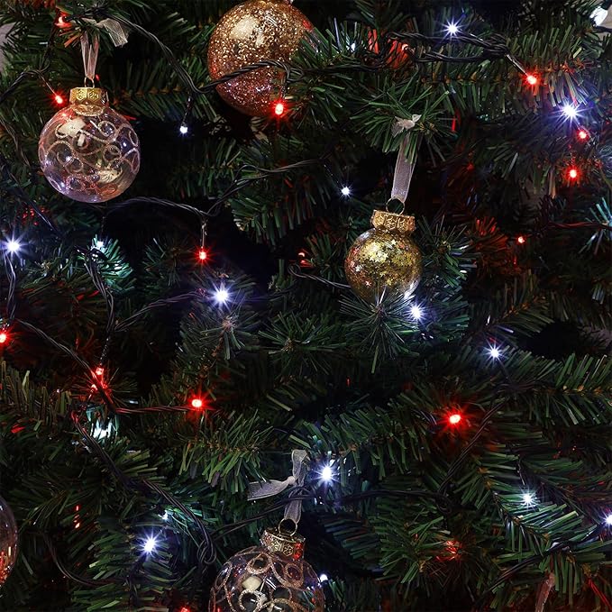 Red and white mini LED string lights on Christmas tree branches and ornaments
