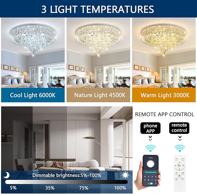 Low-profile crystal flush mount ceiling chandelier with clear hanging crystal drops