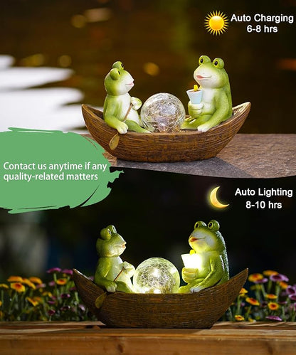 Solar Frogs in a Boat Garden Statue - IP44 Waterproof Resin Outdoor Sculpture and Yard Decor