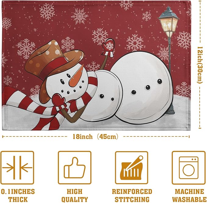 Red snowman and snowflake Christmas placemat with white snow border, close-up view