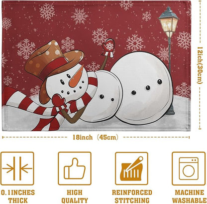 Red snowman and snowflake Christmas placemat with white snow border, close-up view