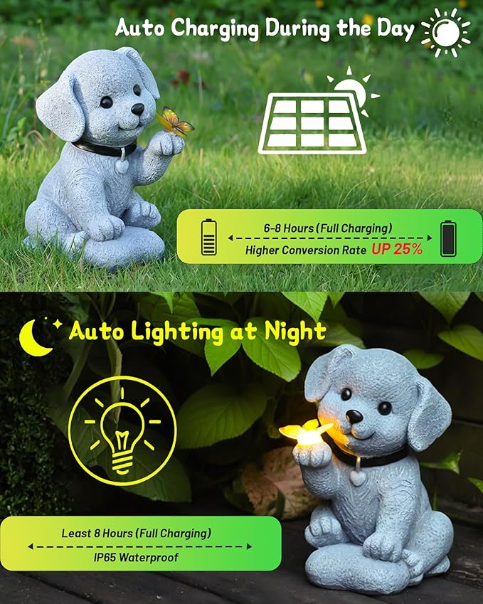 Solar Dog Garden Statue Holding Butterfly - Waterproof Resin Outdoor Decor with Cozy Glow