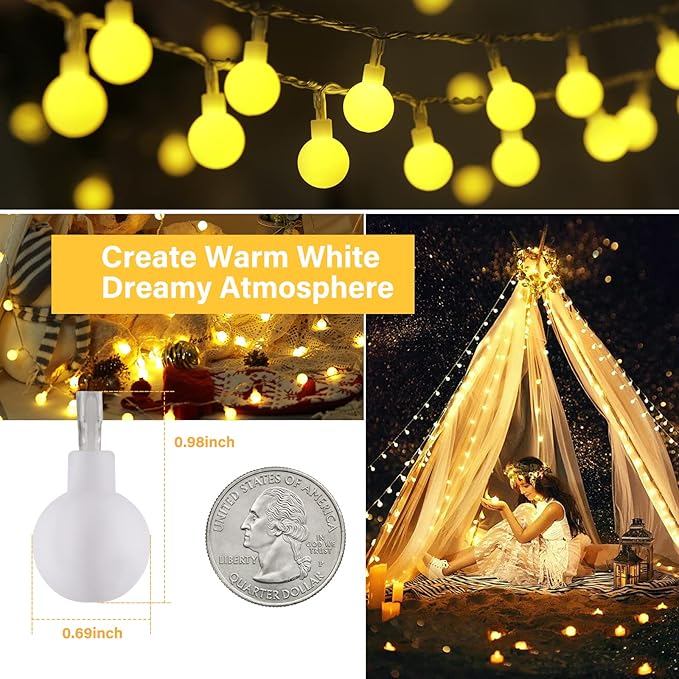 Mini Globe String Lights – 66ft 200 LED Warm White | IP44 Waterproof | Remote & Timer | Indoor Outdoor Party Wedding Garden Christmas