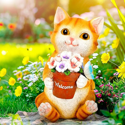 Cat Solar Garden Statue with Flower Pot and 5 LED Lights - Resin Outdoor Decor