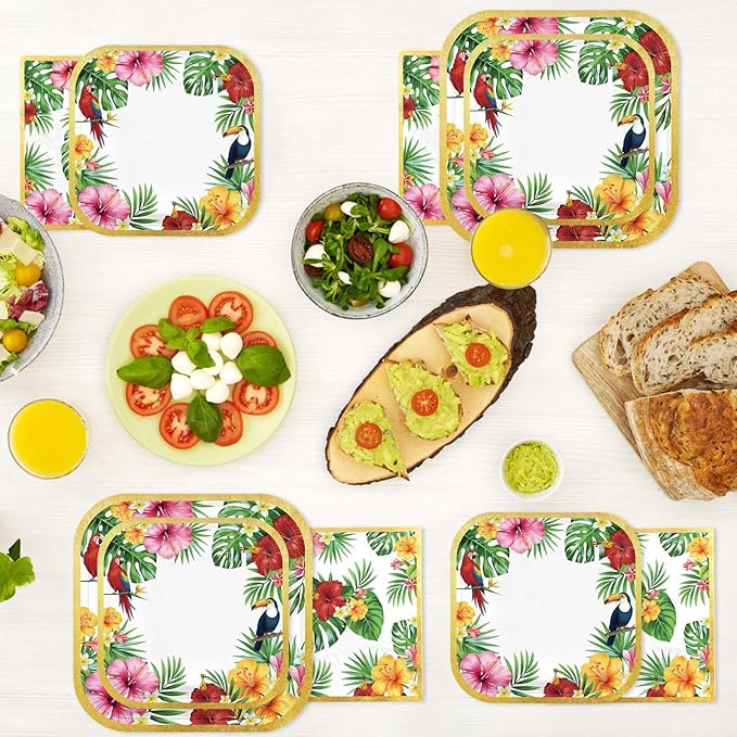 Aloha tropical dinner plates with hibiscus and palm leaves, shown with food portions