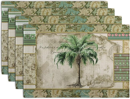 Set of 4 tropical palm tree placemats with green and beige patterned borders.