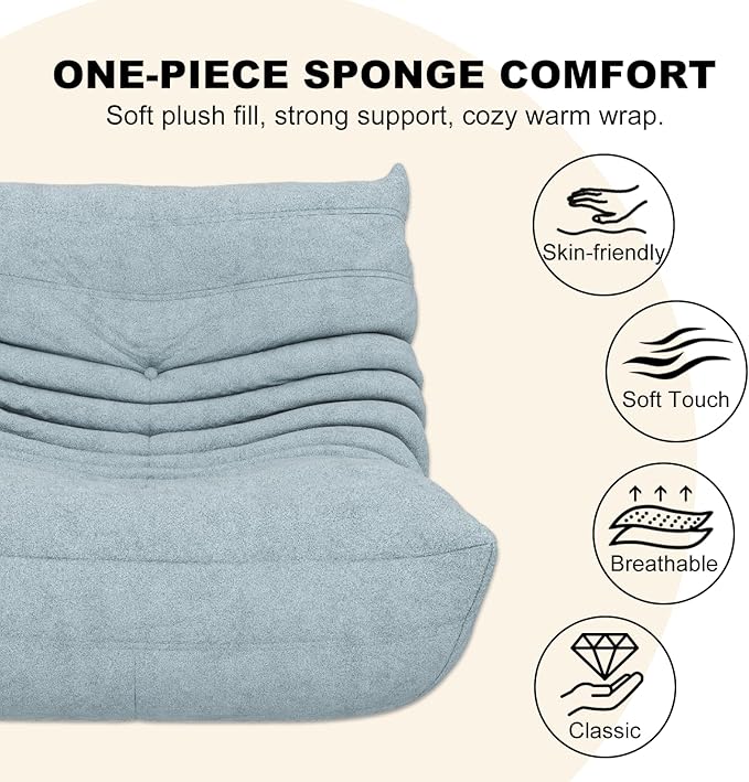 Mist Blue Ripple Single Floor Lounge Chair - Togo-Style Serene Solo Foam Seat for Calm Interiors, Nursery, and Reading Corner