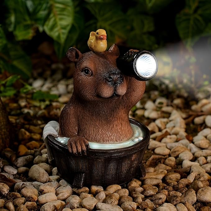 Capybara Solar Garden Statue with Duck and Flashlight - Funny Resin LED Outdoor Decor