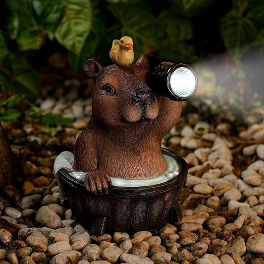 Capybara Solar Garden Statue with Duck and Flashlight - Funny Resin LED Outdoor Decor