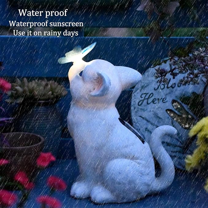 Cat Solar Garden Statue with LED Lights - Outdoor Resin Decor