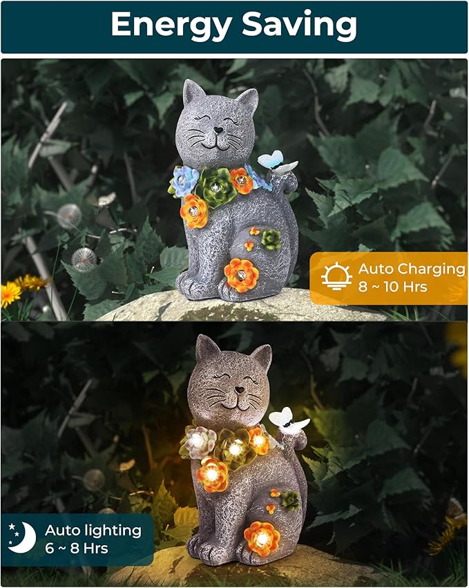 Cat Solar Garden Statue with Flowers, Butterfly, and 6 LED Lights - Waterproof Resin Decor