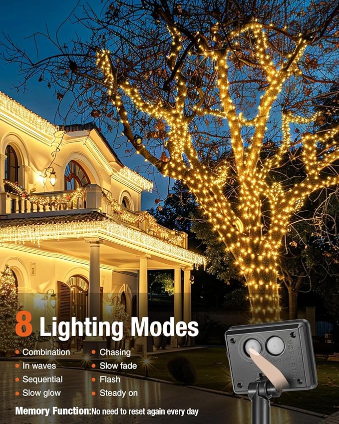 Warm White Solar Fairy Lights 3 Pack – 3 x 49ft 150 LED | Copper Wire IP65 | 8 Modes Memory | Garden Tree Fence Christmas Wedding Anniversary Outdoor