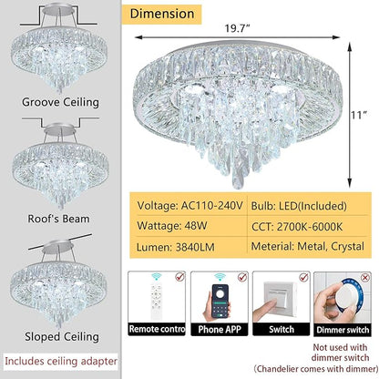 Round flush mount crystal ceiling chandelier with clear crystals and metal frame