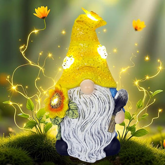 Solar LED garden gnome ornament with yellow hat, white beard, sunflower and glowing light
