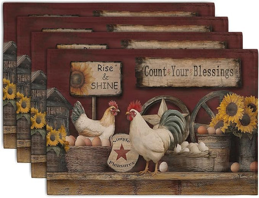 Set of 4 farmhouse placemats with rooster, sunflowers, and rustic barn graphic