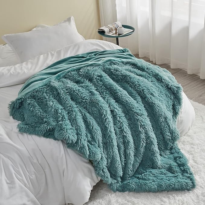 Light Teal Shaggy Faux Fur Queen Blanket – 90"x90" | 1.5" Deep Plush Pile | Serene Spa-Inspired Throw for Queen Beds & Calm Interiors