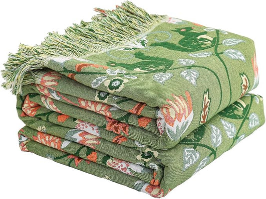 Light Green Squirrel Print Boho Cotton King Blanket – 90"x98" | 4-Layer Breathable 100% Cotton | OEKO-TEX GOTS GRS Certified Farmhouse Throw