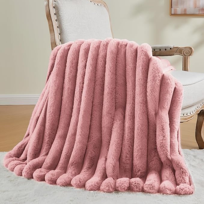 Pink Faux Rabbit Fur Throw Blanket – 50"x60" | 770GSM Double-Sided Luxury Fluffy Blanket | 3D Striped Plush Couch Throw for Women
