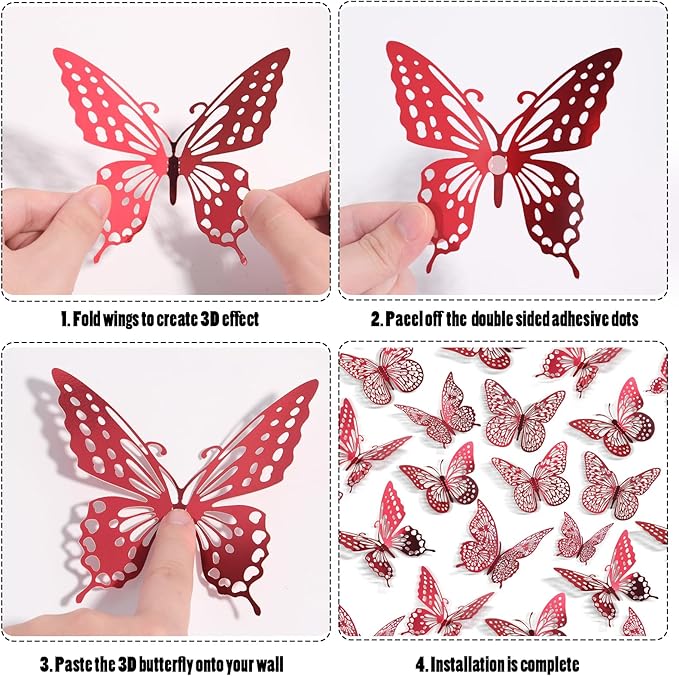 Hands placing red 3D butterfly decals with adhesive dots to create raised wings