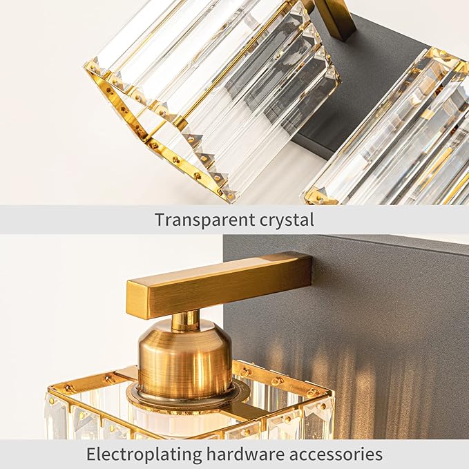 Close-up of crystal glass shade and gold cap on black-and-gold vanity wall light