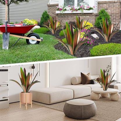 Metal agave sculpture shown as a lawn ornament and indoor planter decoration
