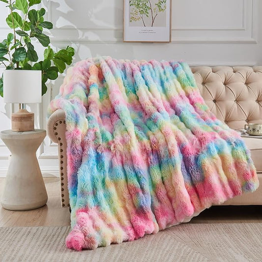 Rainbow Bubble Faux Fur Queen Blanket – 90"x90" | 800GSM Big Bubble Rabbit Fluff | Thick Plush Shaggy Bed Blanket for Queen Beds