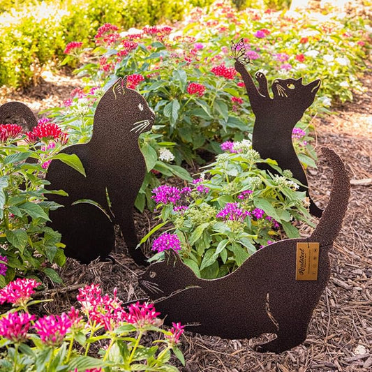 3-Piece Textured Silver Steel Cat Garden Statue Set - Mom Cat and Kittens Yard Art with Ground Stakes for Lawn, Flower Beds, and Patio