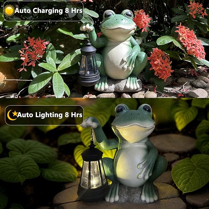 Solar Frog Garden Statue Holding Lantern - IP44 Waterproof Resin Outdoor Decor with Soft Glow