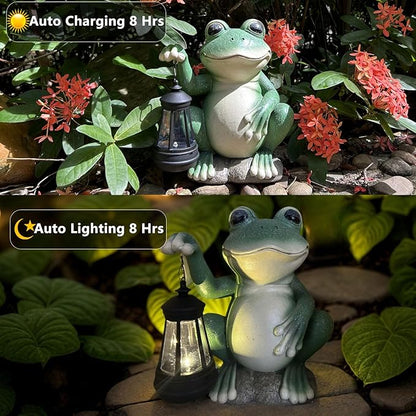 Solar Frog Garden Statue Holding Lantern - IP44 Waterproof Resin Outdoor Decor with Soft Glow