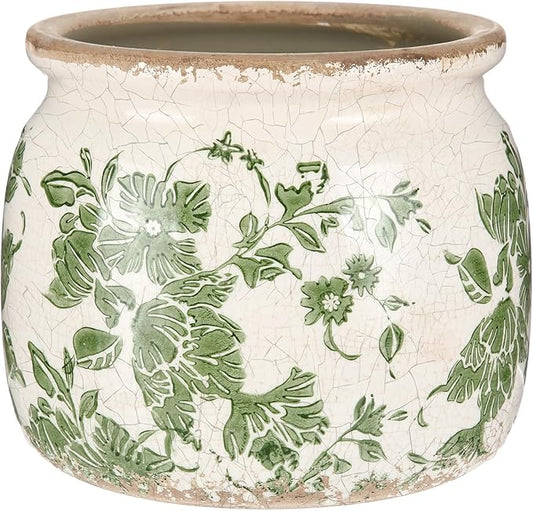 Beige ceramic floral planter with green botanical pattern and crackle glaze