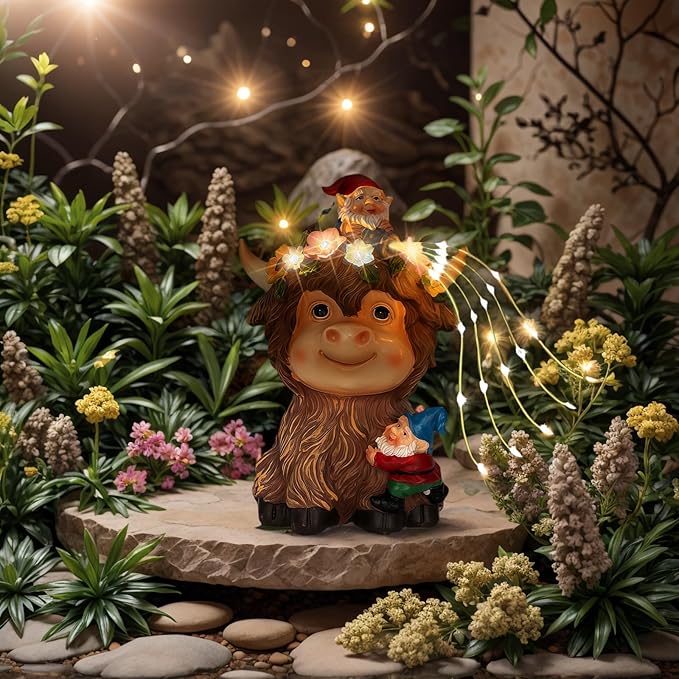 Solar highland cow garden statue with perched gnome and warm solar fairy lights