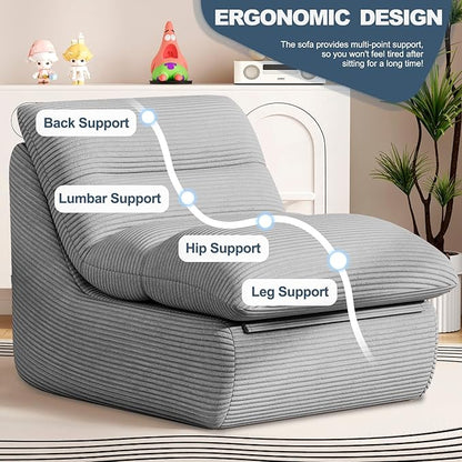 Silver Gray Corduroy Ergonomic Floor Lounge Chair - Structured Memory Foam Seat with Lumbar Support for Scandi Interiors, Nursery, and Reading Nook