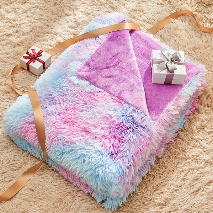 Purple Rainbow Shaggy Faux Fur Queen Blanket – 90"x90" | 1.5" Deep Plush Pile | Magical Whimsical Throw for Queen Beds & Fantasy Bedrooms