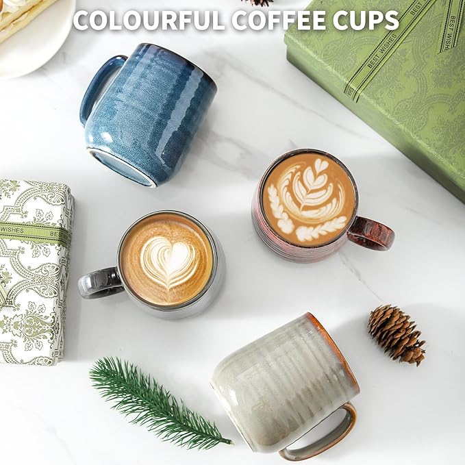 Colorful Rustic Stoneware Coffee Mugs – Set of 4 | 12oz Vibrant Chip-Resistant Cups | Dishwasher & Microwave Safe | Coffee Gift Set