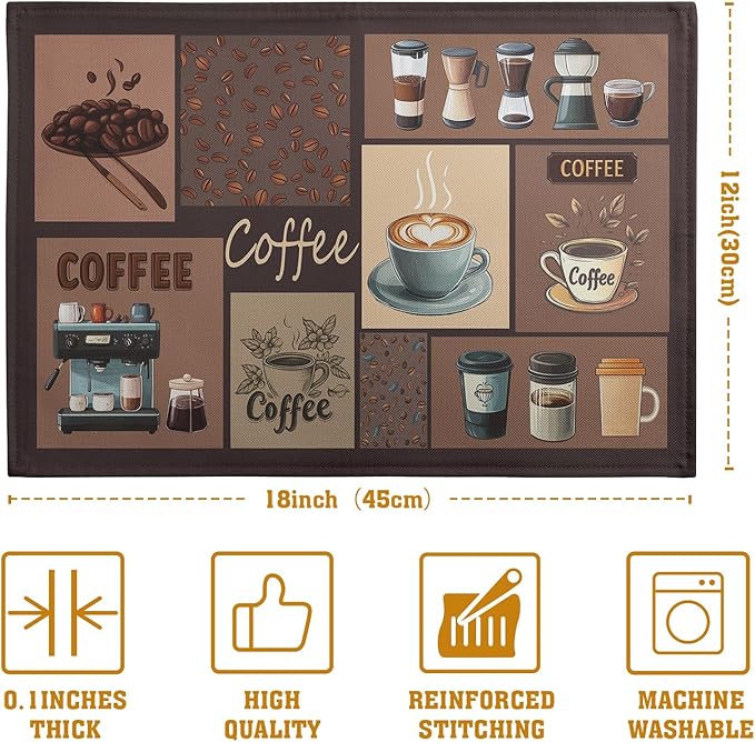 Coffee-themed placemat set with stitched border, brown print with coffee cups and mugs