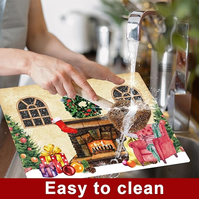 Christmas plastic placemat with fireplace cottage scene, wreath and gifts, water-splash view