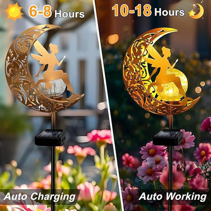 YJFWAL 2 Pack Garden Solar Lights Pathway Stake Lights Moon Fairy Glass Globe with Angel Decor, Gardening Birthday Gift for Mom Grandma Friends, Outdoor Decor Light Waterproof for Walkway, Yard, Patio