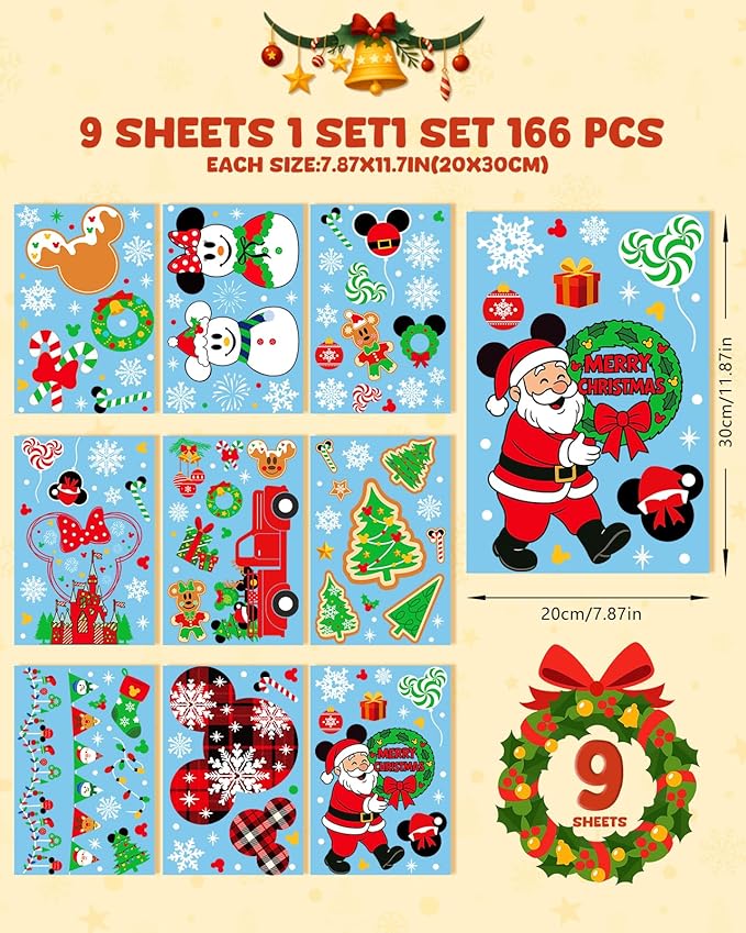 Christmas window cling set packaging showing 9 sheets, 166 pieces, and wreath design