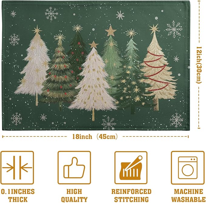 Green Christmas placemat with pine trees, stars, and scattered snowflakes