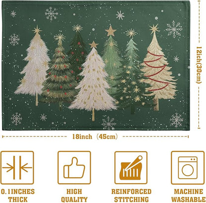 Green Christmas placemat with pine trees, stars, and scattered snowflakes
