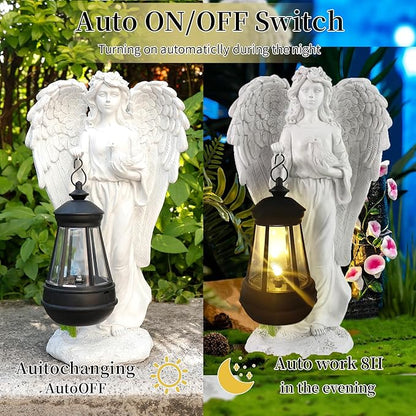 Solar Guardian Angel Garden Statue with Lantern - Antique White Resin Waterproof Outdoor Decor