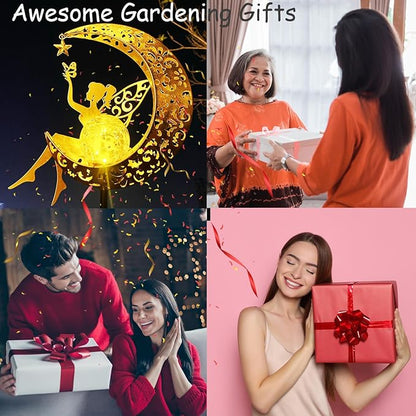 Glowing gold crescent moon angel solar garden decor near wrapped gift boxes
