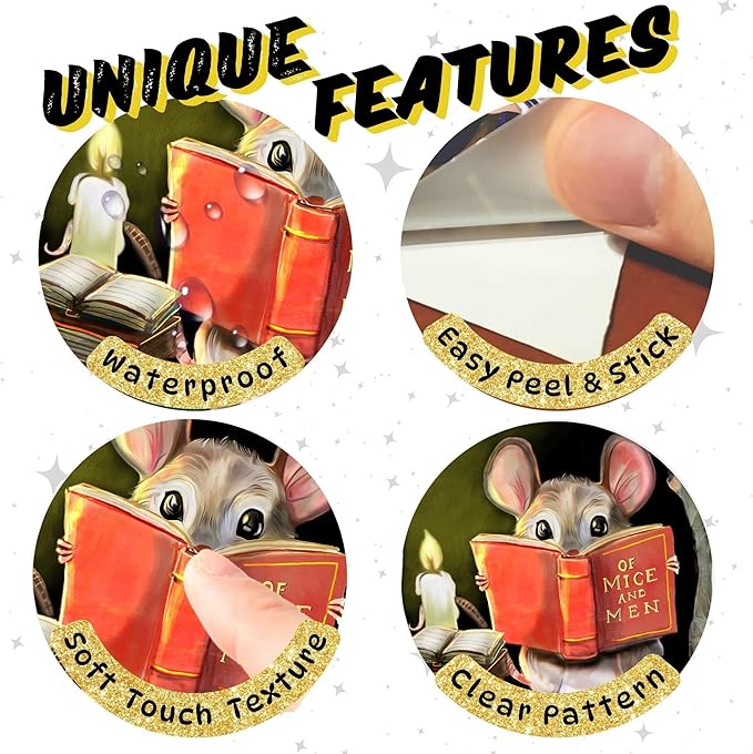Mouse reading wall sticker close-up: beige mouse holding red book with clear pattern