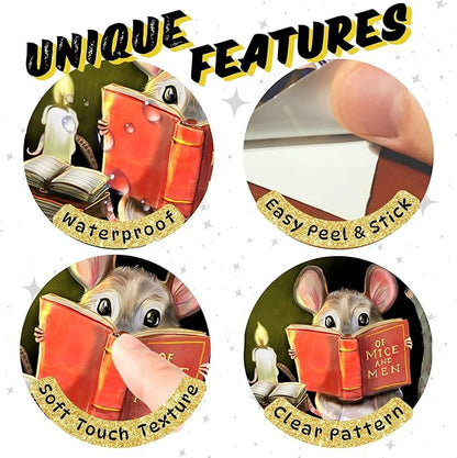 Mouse reading wall sticker close-up: beige mouse holding red book with clear pattern
