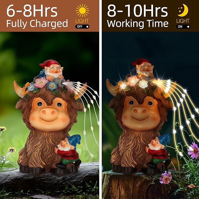 Solar highland cow statue with gnome figure and glowing solar fairy lights, front view