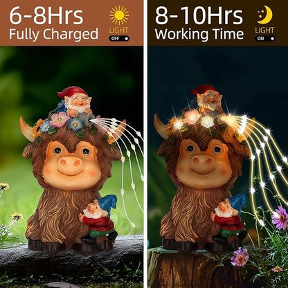 Solar highland cow statue with gnome figure and glowing solar fairy lights, front view