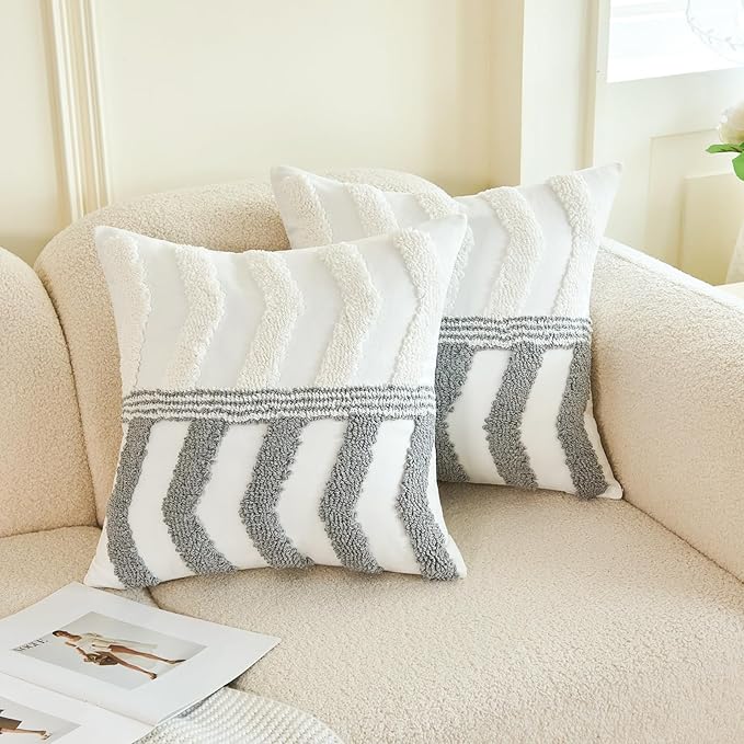 Tufted white pillow cover with gray chevron and stripe motif, decorative cushion sham