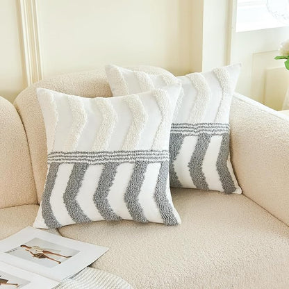 Tufted white pillow cover with gray chevron and stripe motif, decorative cushion sham