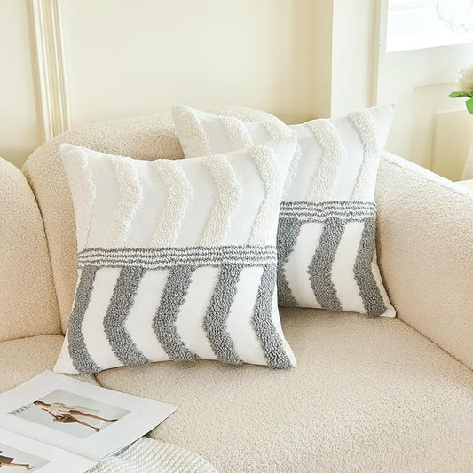 Tufted white pillow cover with gray chevron and stripe motif, decorative cushion sham